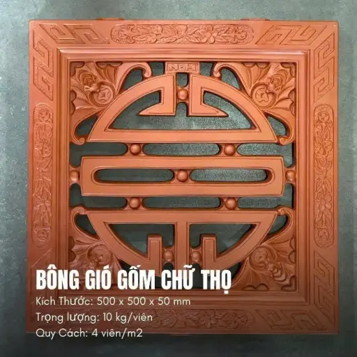 Gạch bông gió gốm chữ thọ đỏ tráng men KT 400x400mm mã CT400